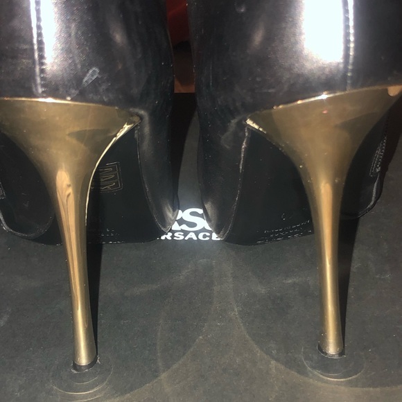 VERSACE Black Leather Booties w/ Logo Pin - Picture 6 of 9